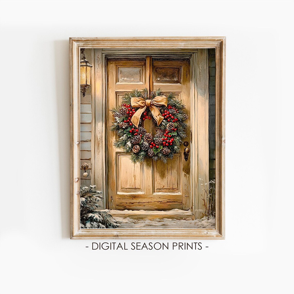 Christmas Wreath With Red Berries And Gold Bow On Wooden Door Poster