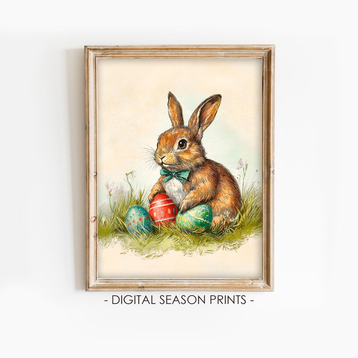 Easter Bunny With Bow Tie And Painted Eggs In Spring Grass Poster