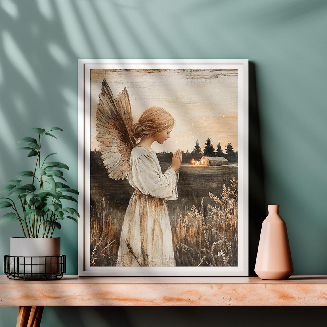 Vintage Christmas Angel Praying in Wheat Field Rustic Painting Poster - Image 4