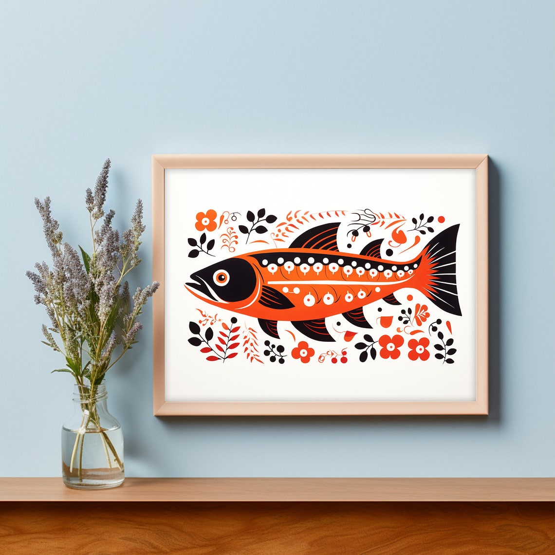 Scandinavian Folk Art Salmon Fish Orange Black Floral Wall Art - Image 5