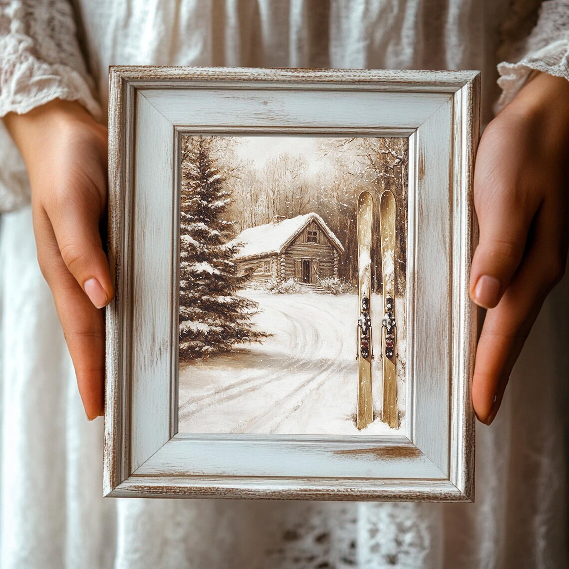 Rustic Log Cabin With Vintage Skis In Snow Winter Christmas Poster - Image 3