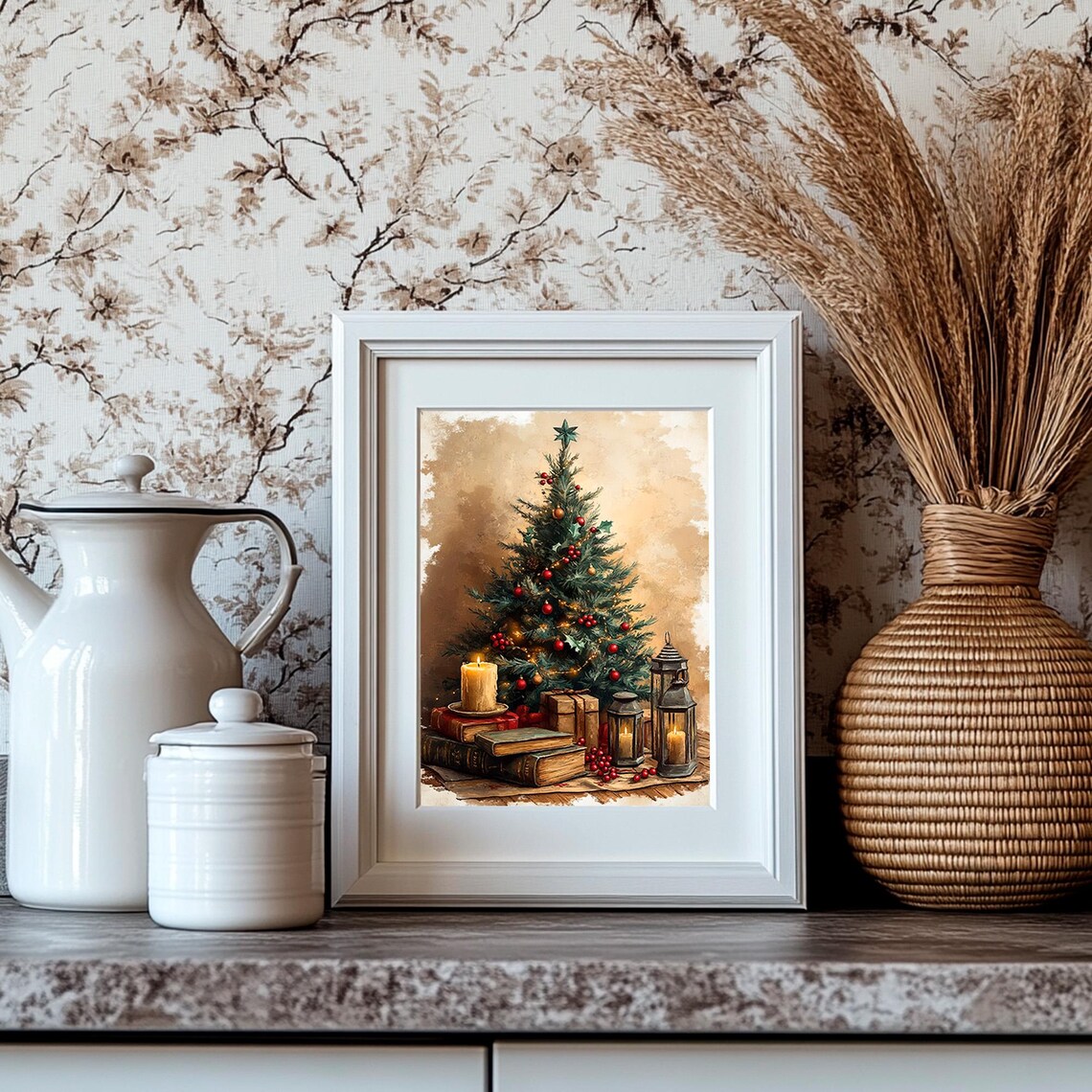 Christmas Tree with Vintage Books Candles and Lanterns Cozy Poster - Image 4