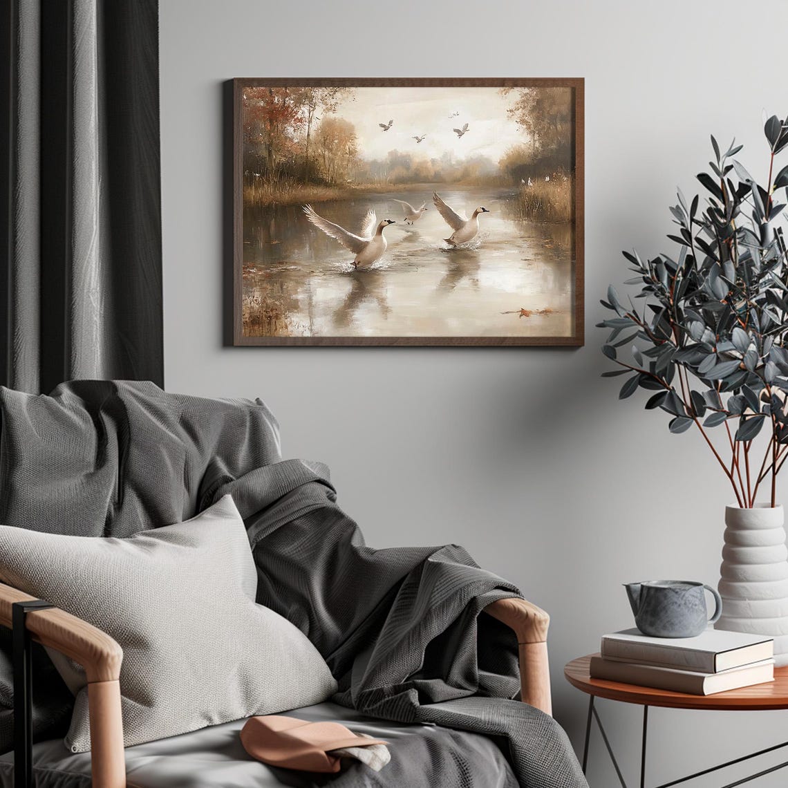 Geese Landing on a Misty Autumn Lake in Vintage Landscape Print - Image 4