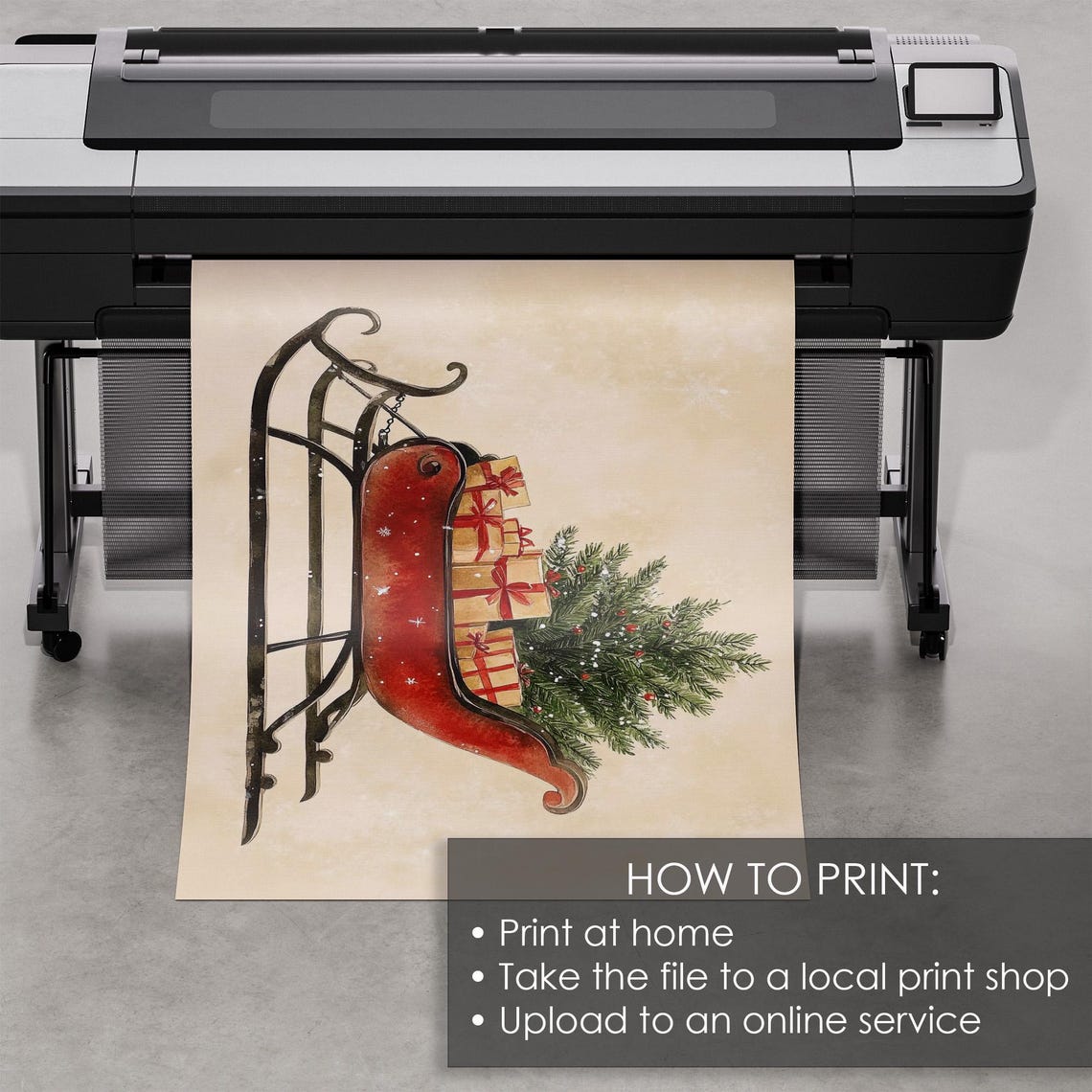 Vintage Red Christmas Sleigh with Gifts and Tree Holiday Print - Image 5