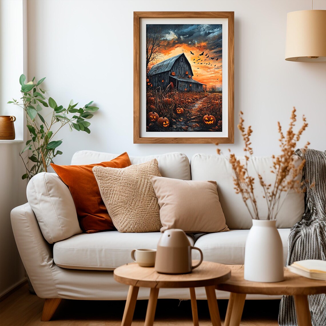Spooky Halloween Barn Jack O Lanterns Bats Fiery Sunset Pumpkin Art Poster - Image 4