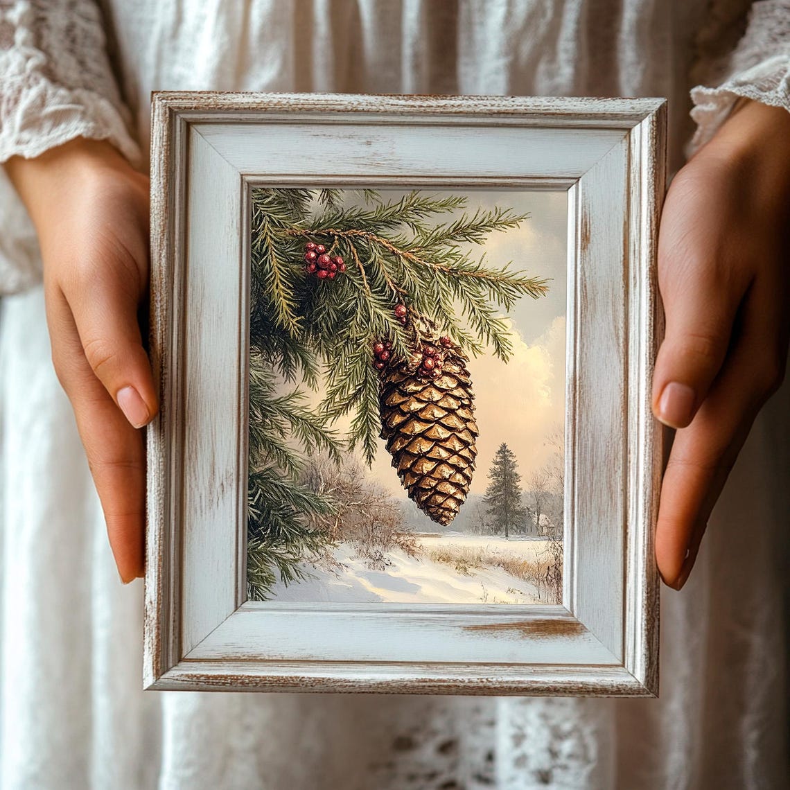 Vintage Pine Cone on Fir Branch Red Berries Snowy Winter Poster - Image 3