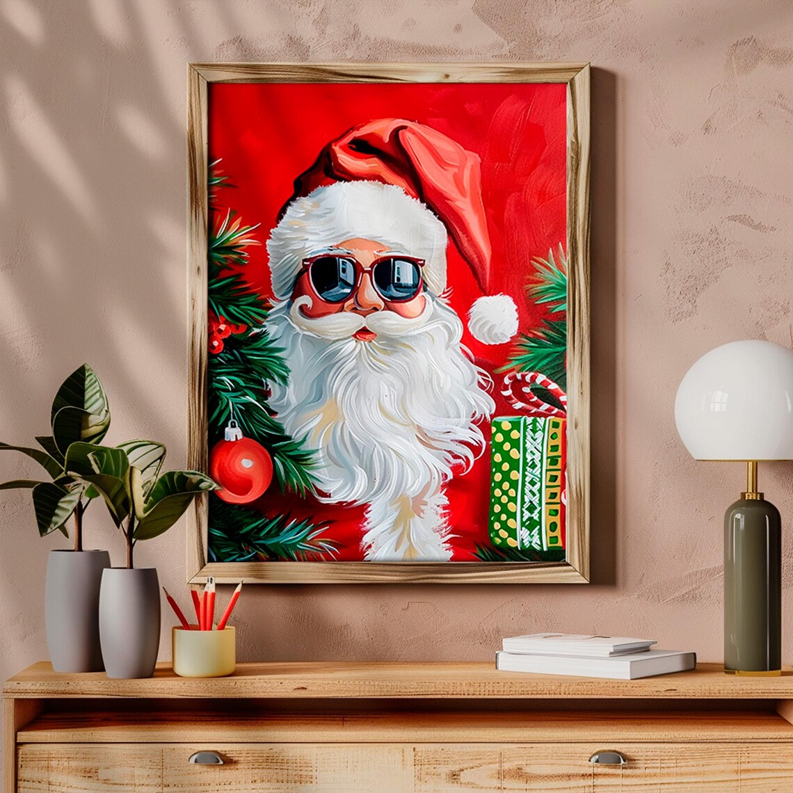 Cool Santa Claus with Sunglasses Bold Red Pop Art Christmas Poster - Image 4