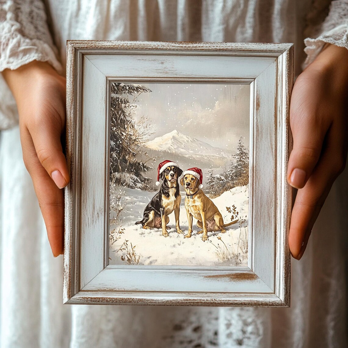 Two Dogs Santa Hats Snowy Mountain Vintage Christmas Dog Poster - Image 3