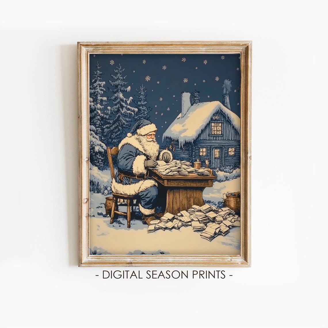 Vintage Santa Claus Reading Christmas Letters At Night Poster