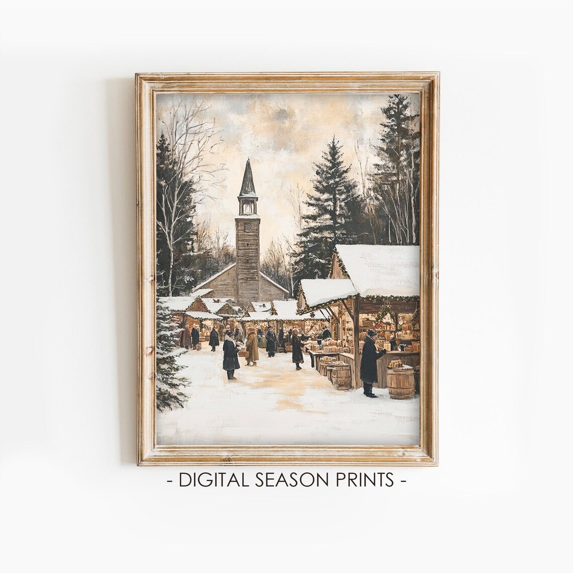 Victorian Christmas Market Country Church Snowy Village Scene Print