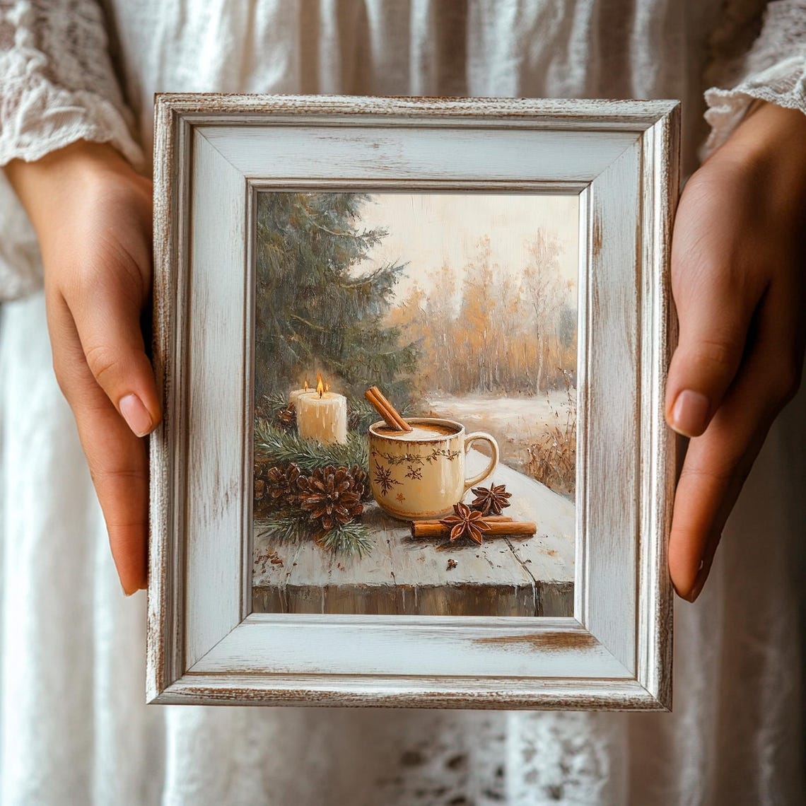 Cozy Winter Hot Cocoa with Candles and Pinecones Still Life Print - Image 3