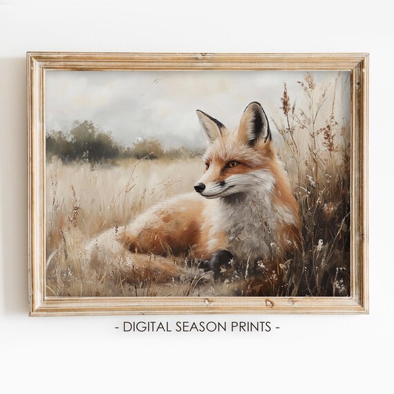 Red Fox Resting in Tall Grass Vintage Wildlife Painting Poster