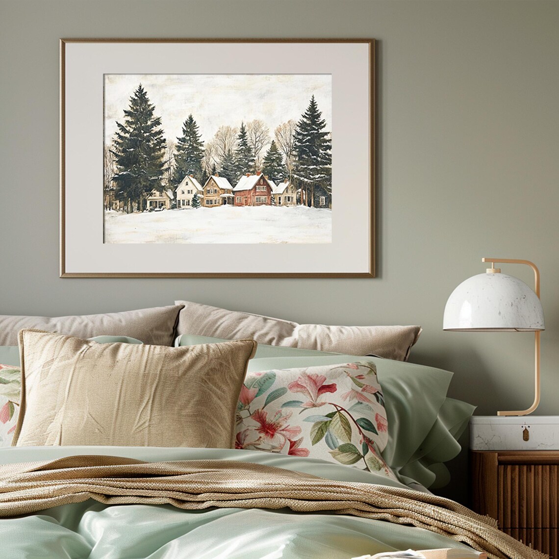 Charming Snowy Village Houses Tall Pines Rustic Winter Poster - Image 3