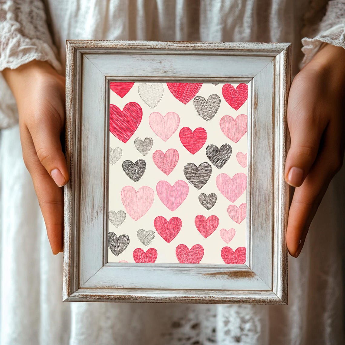 Sketchy Hearts Pattern Red Pink Grey Valentines Day Artistic Print - Image 3