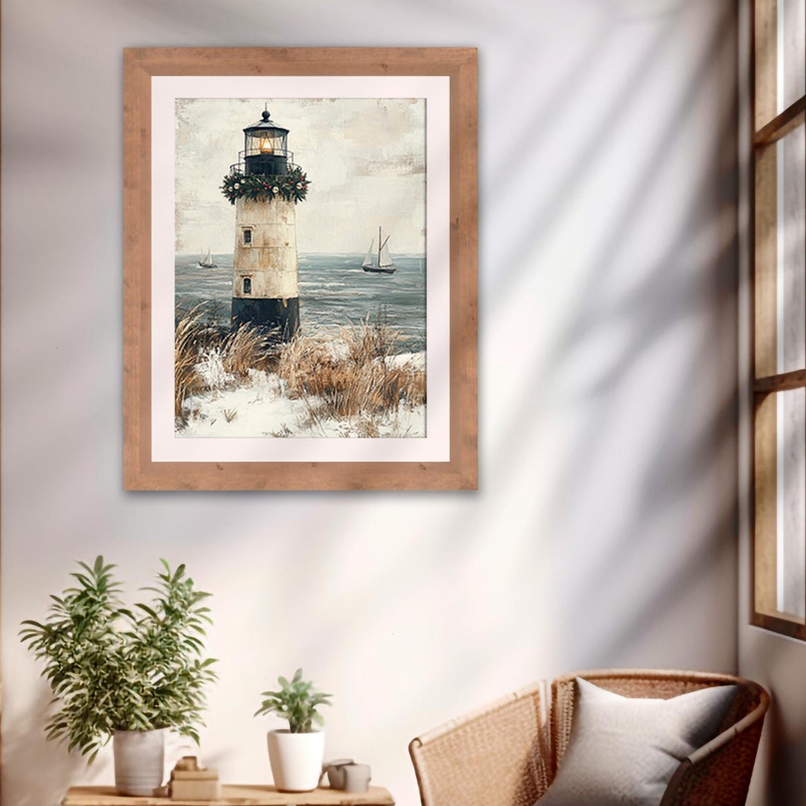 Coastal Lighthouse Christmas Garland Sailboat Winter Seascape Print - Image 2
