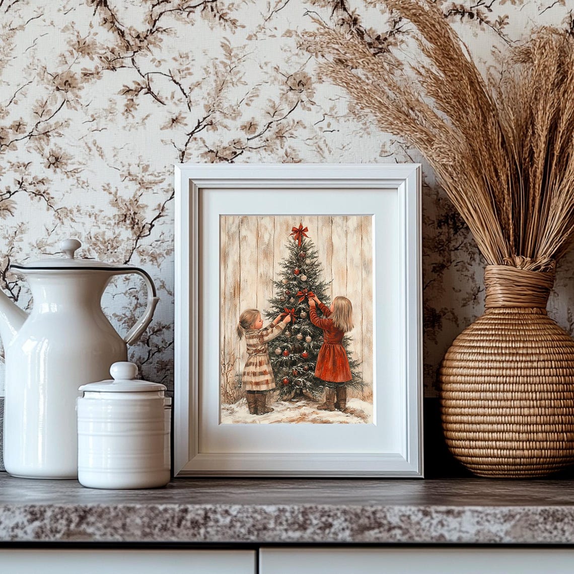 Two Girls Decorating a Christmas Tree with Red Bows Rustic Poster - Image 4