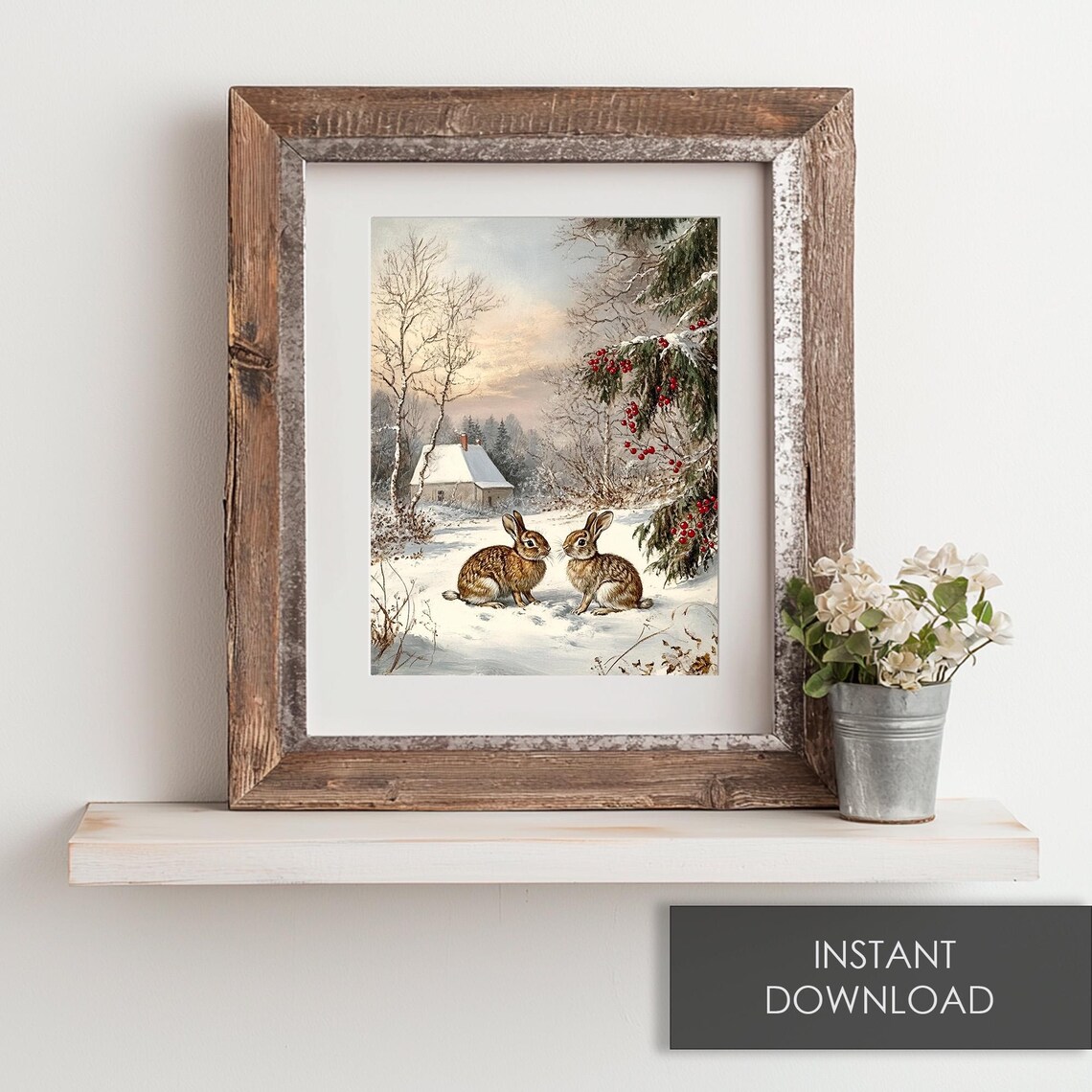 Two Rabbits Sitting Together In A Snowy Winter Woodland Poster - Image 6