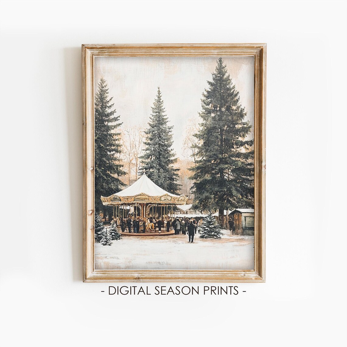 Vintage Christmas Carousel Snowy Park Tall Pines Market Poster