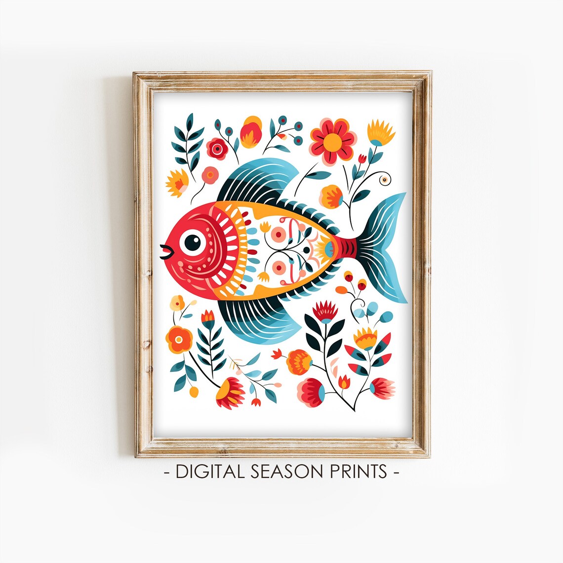 Scandinavian Folk Art Fish Colorful Floral Ocean Animal Art Print