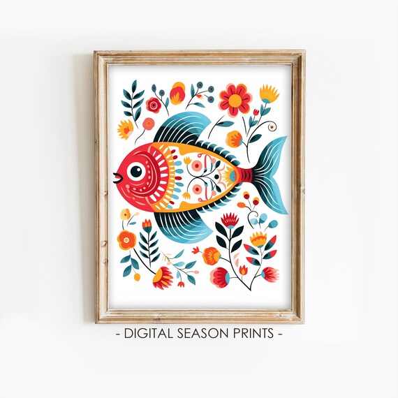 Scandinavian Folk Art Fish Folk Art Print Animal Nordic Folk Art Swedish Decor