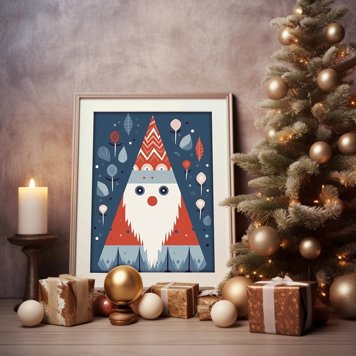 Scandinavian Folk Art Santa Geometric Christmas Nursery Poster - Image 2