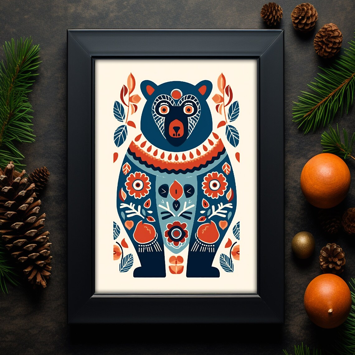 Scandinavian Folk Art Bear Blue Orange Floral Animal Painting Poster - Image 3