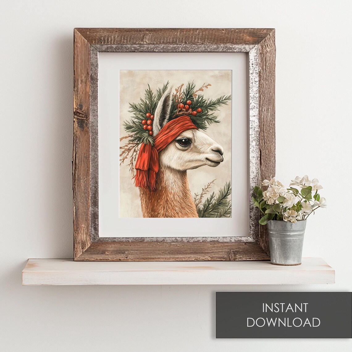 Christmas Llama Wearing A Pine Wreath Berries And Red Scarf Poster - Image 6