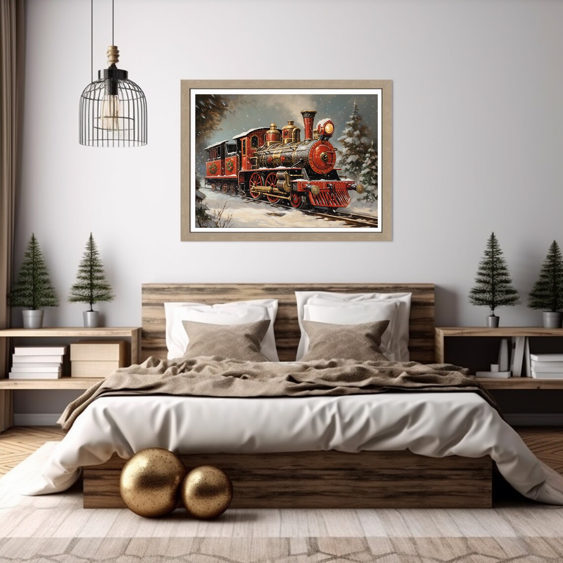 Red Vintage Steam Train with Wreaths Snowy Christmas Painting Poster - Image 5