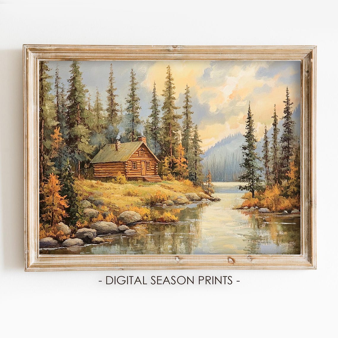 Log Cabin by the Lake Among Pine Trees Fall Landscape Poster