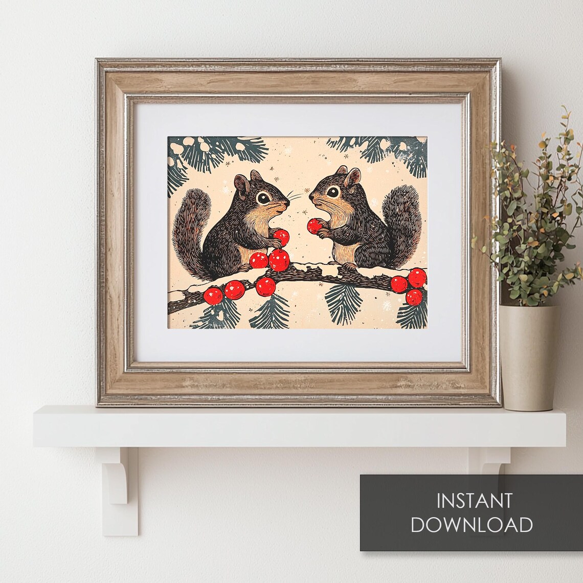 Two Squirrels Red Berries Snowy Branch Vintage Christmas Art Print - Image 6