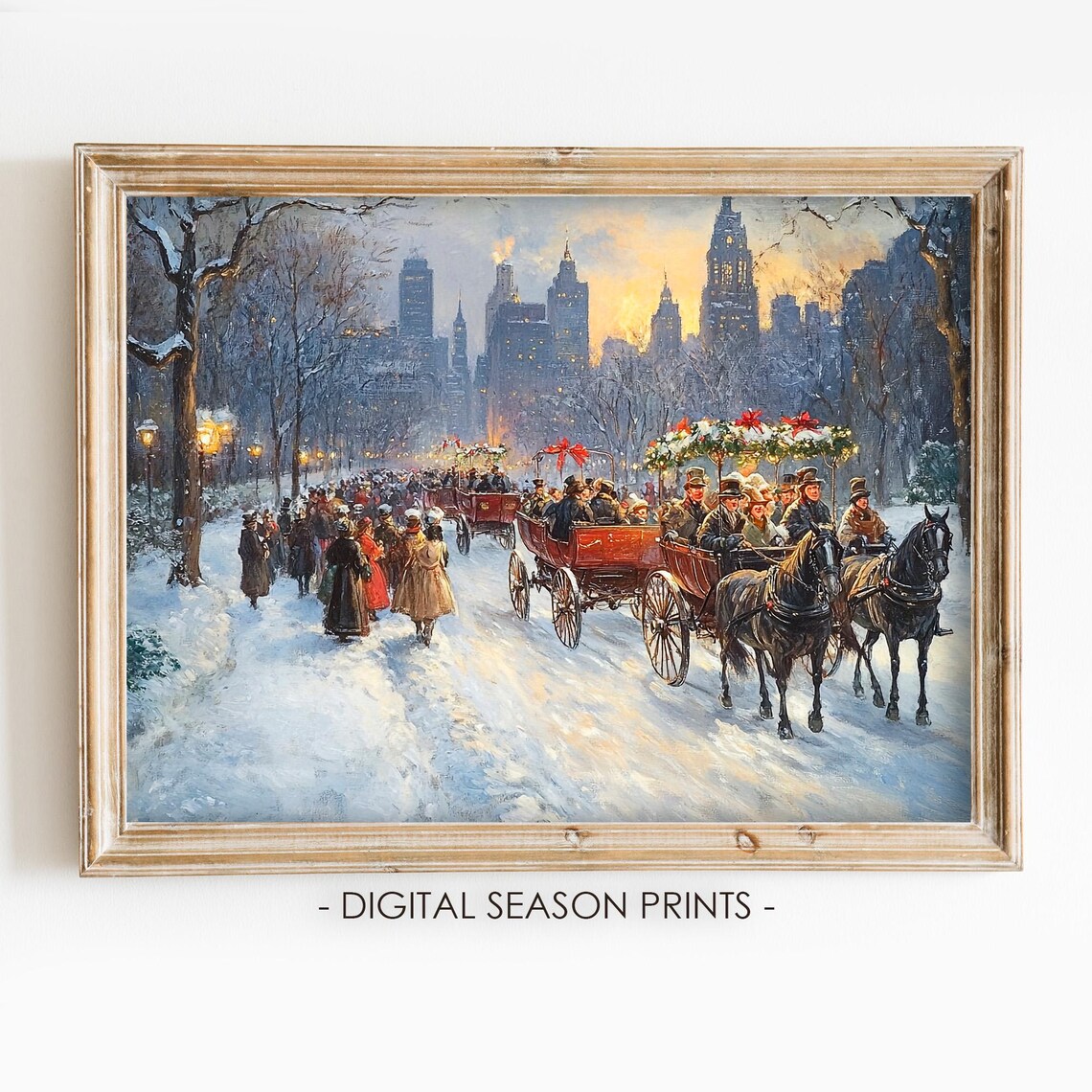 Horse Drawn Winter Carriages In Snow With Glowing City Skyline Poster