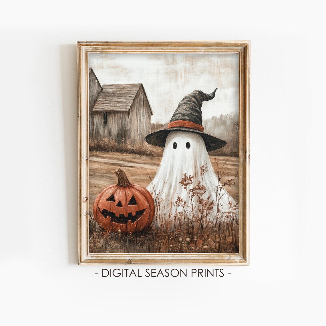 Ghosts Vintage Halloween Art Print, Rustic Pumpkin