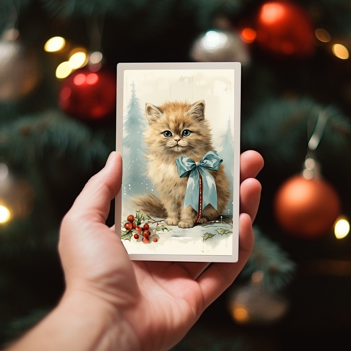 Fluffy Ginger Kitten Blue Bow Holly Berries Christmas Cat Art Poster - Image 3
