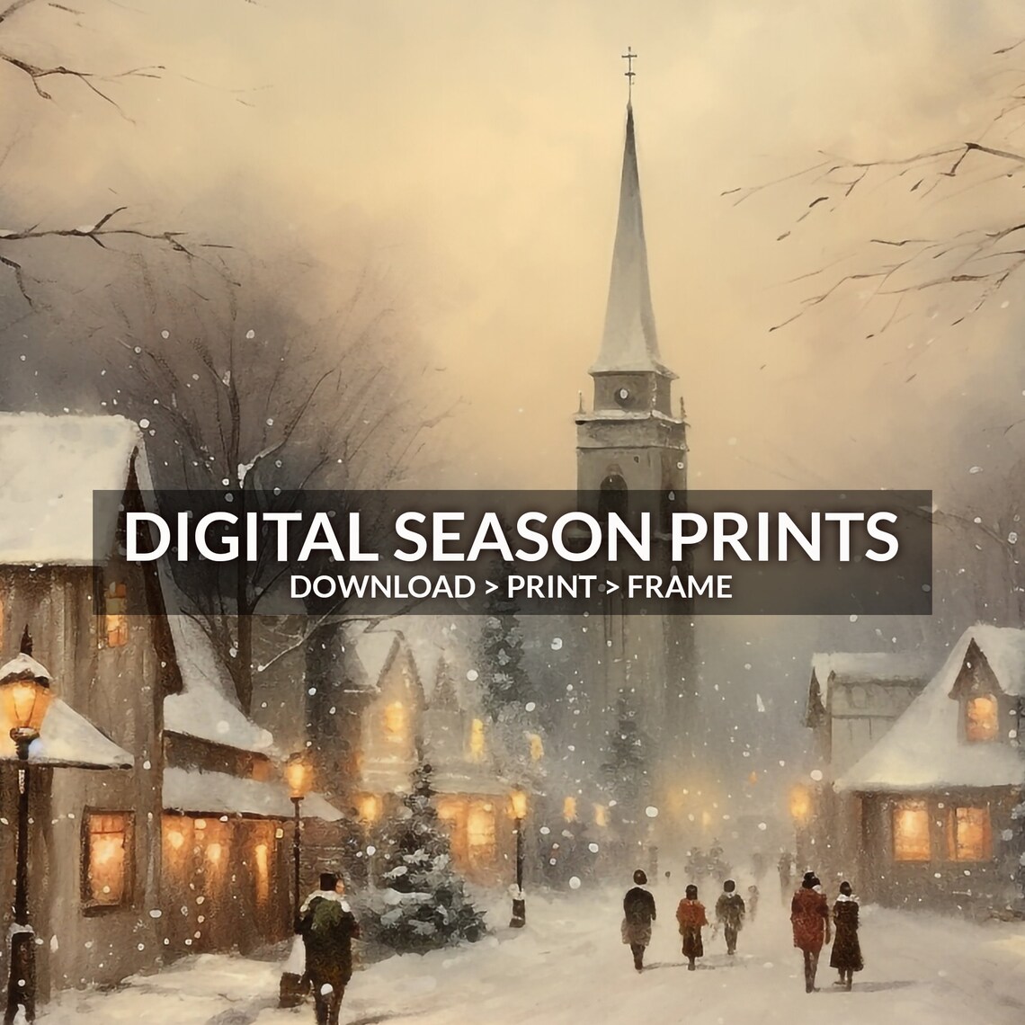 Evening Village Street Church Lampposts Winter Night Art Poster - Image 6
