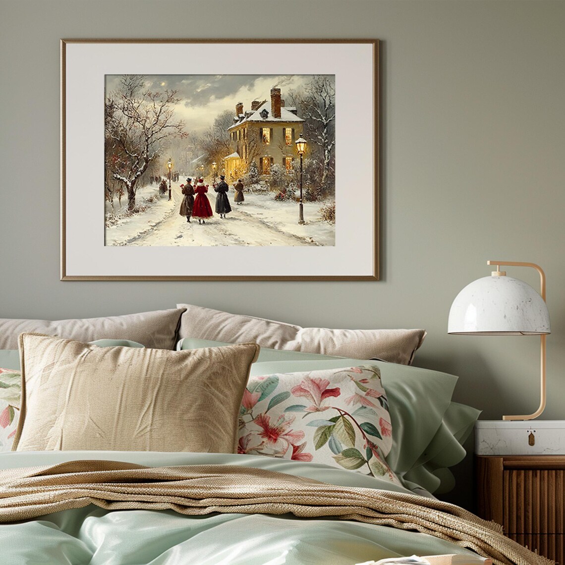 Victorian Christmas Carolers on Snowy Lamp Lit Street Poster - Image 3
