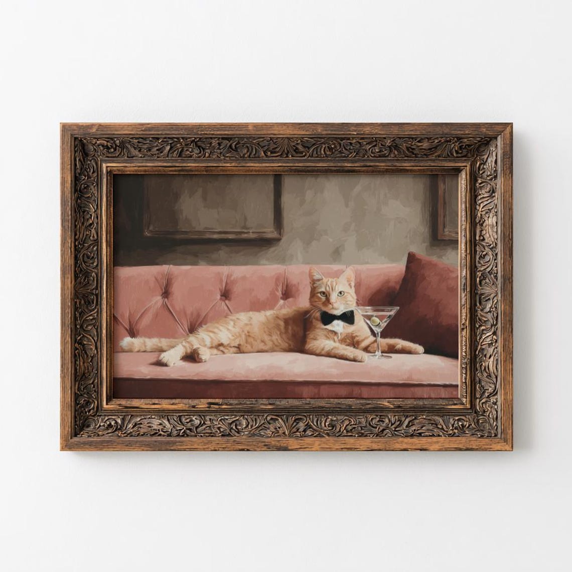 Tabby Cat In Bow Tie With Martini Funny Dapper Animal Decor Poster