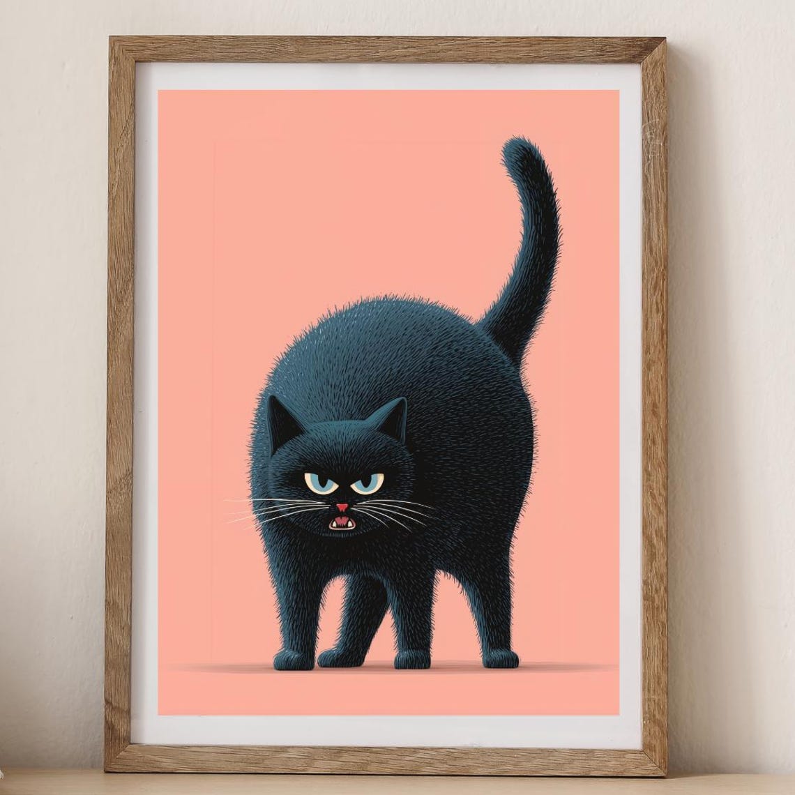 Grumpy Black Cat Hissing Against Pink Background Funny Pet Wall Art