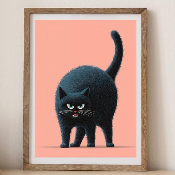 Angry But Cute Black Cat Art Poster Wall Print Pink