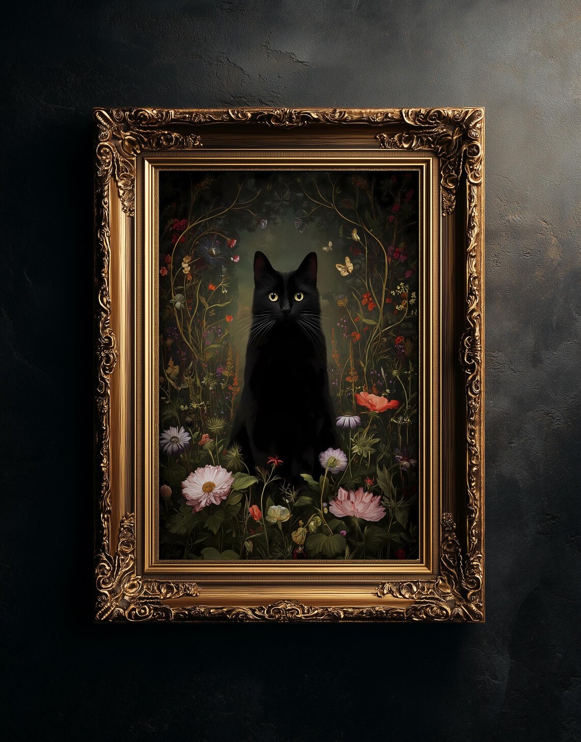 Floral Black Cat Art Print, Cat Wall Decor