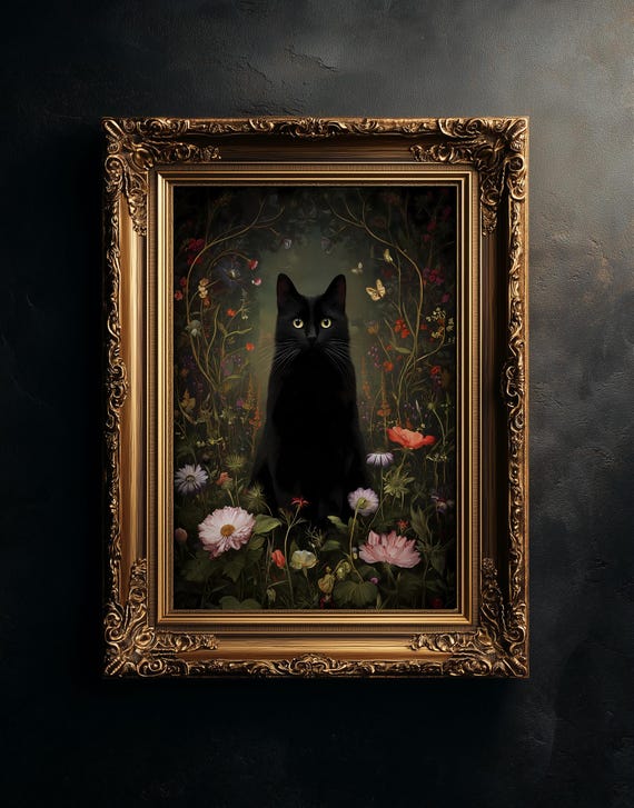 Floral Black Cat Art Print, Cat Wall Decor