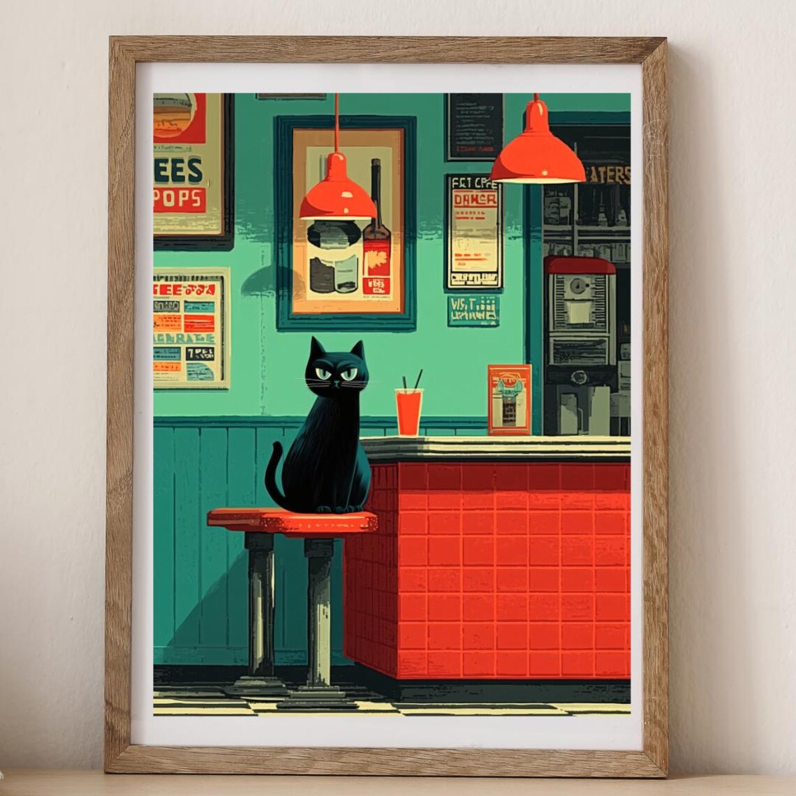 Vintage Black Cat Cafe Poster, Retro Coffee Shop