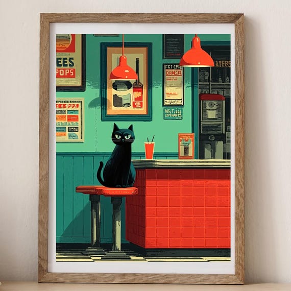 Vintage Black Cat Cafe Poster, Retro Coffee Shop