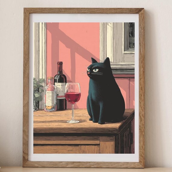 Black Cat With a Glass of Red Wine on the Counter Funny Poster