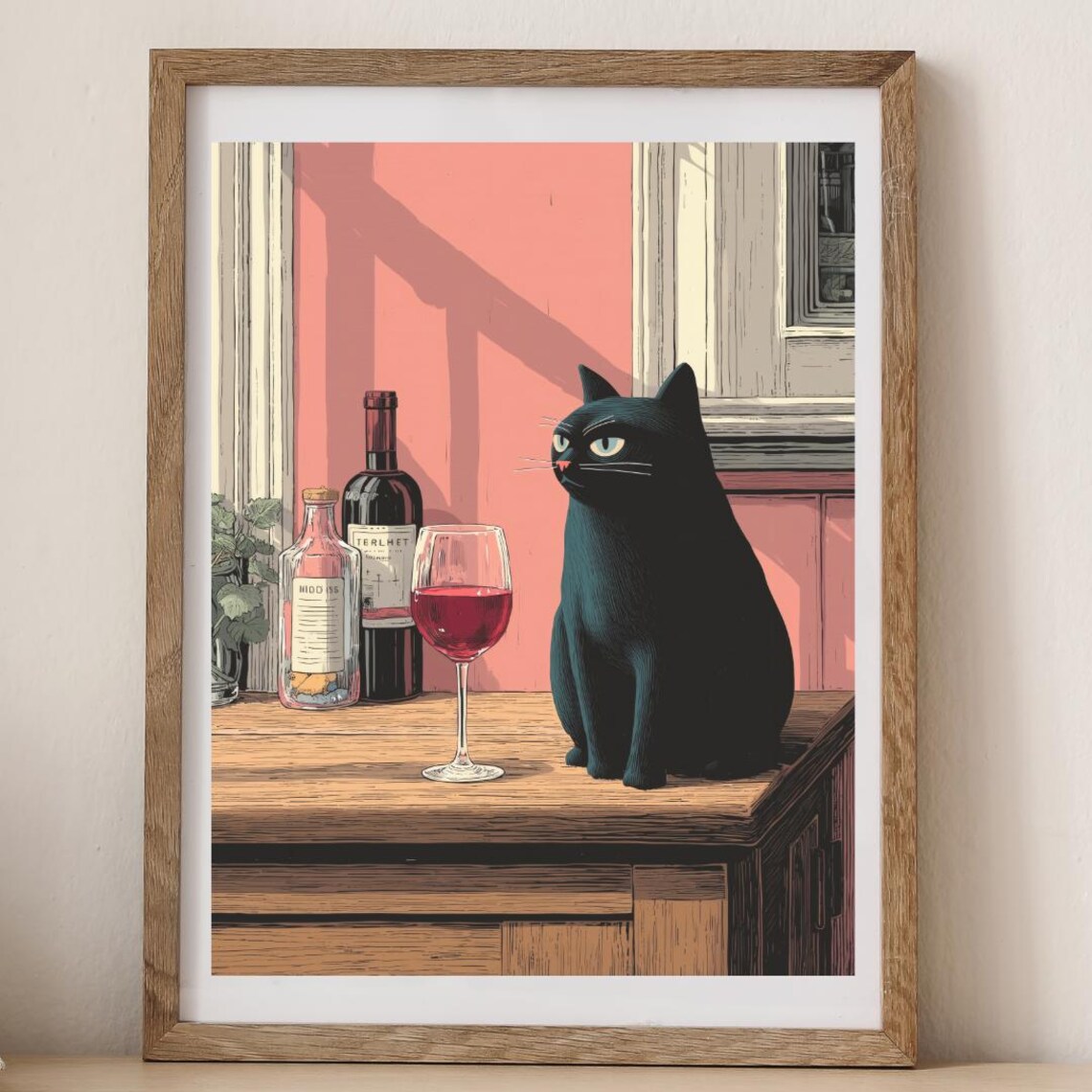 Black Cat With a Glass of Red Wine on the Counter Funny Poster