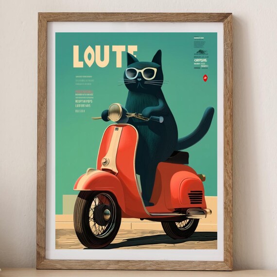 Cool Black Cat Riding A Red Scooter Retro Loute Travel Poster