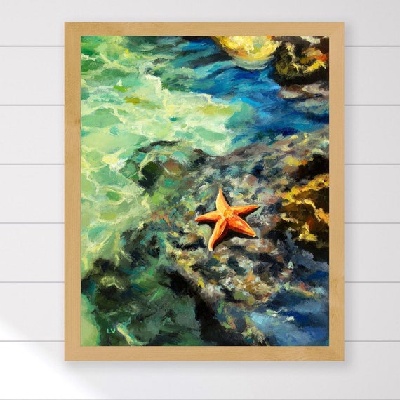 Starfish Fine Art Print Colorful Beach Oil Painting Hamptons Wall Art Coastal Bathroom Painting Print Waves And Rocks Sealife Wall Decor
