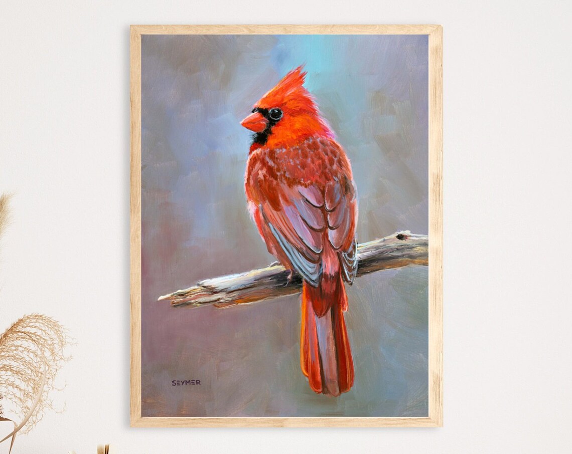 Red Northern Cardinal On Branch Realistic Bird Oil Painting Poster - Image 5