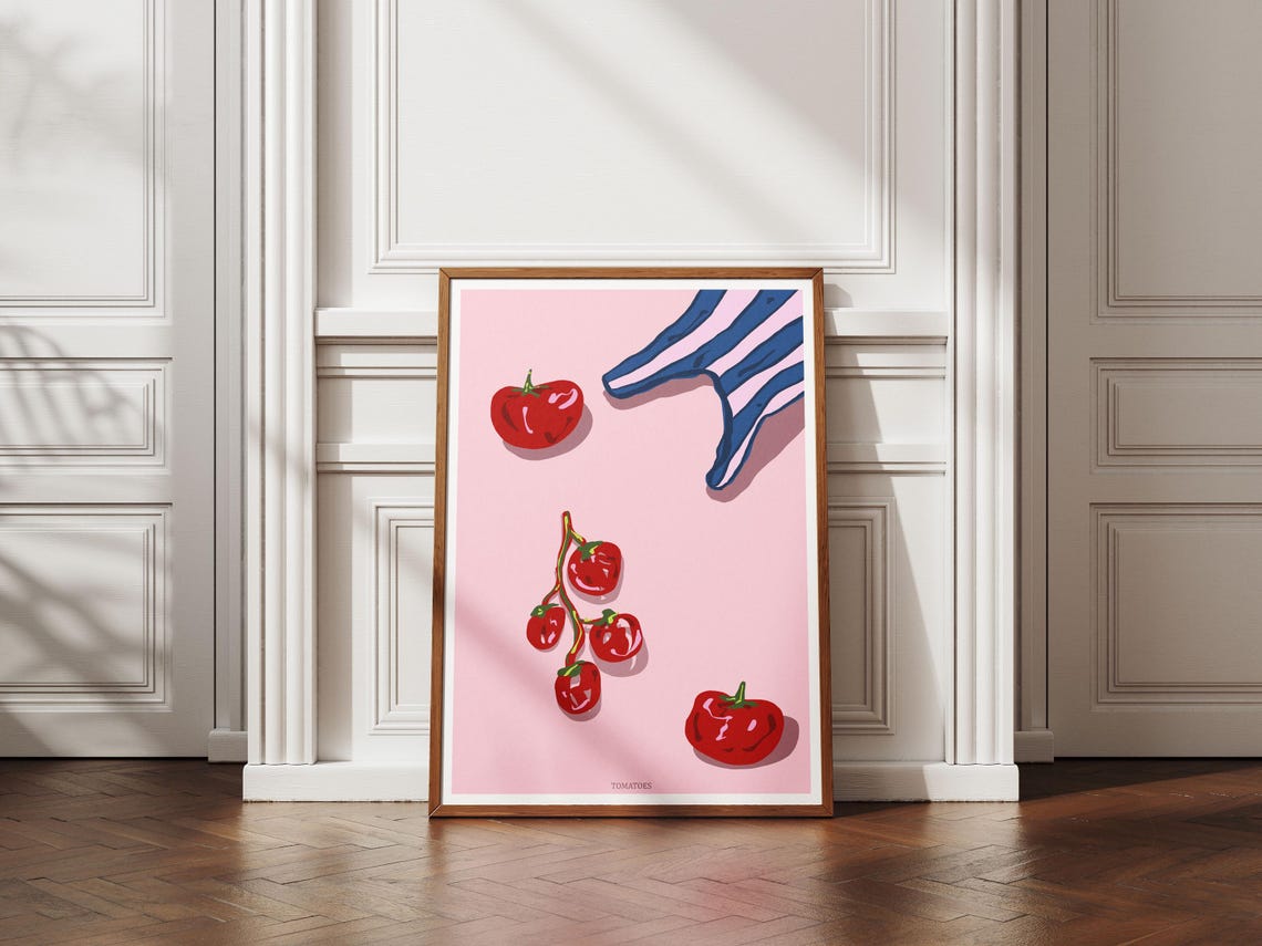 Retro Cherry Tomatoes on a Soft Pink Kitchen Illustration Poster
