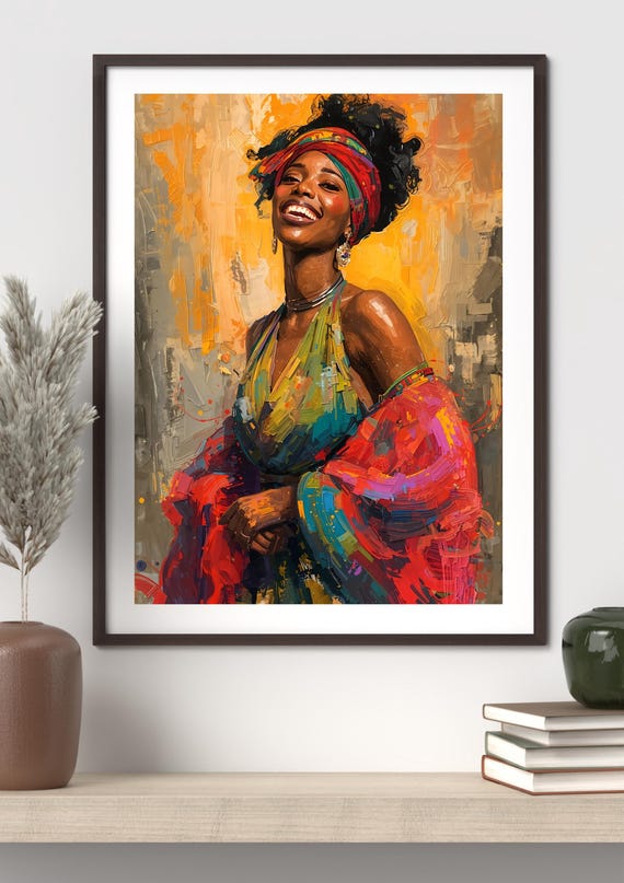 Colorful African Woman Wall Art Joyful Black Portrait Afrocentric Oil Painting Vibrant