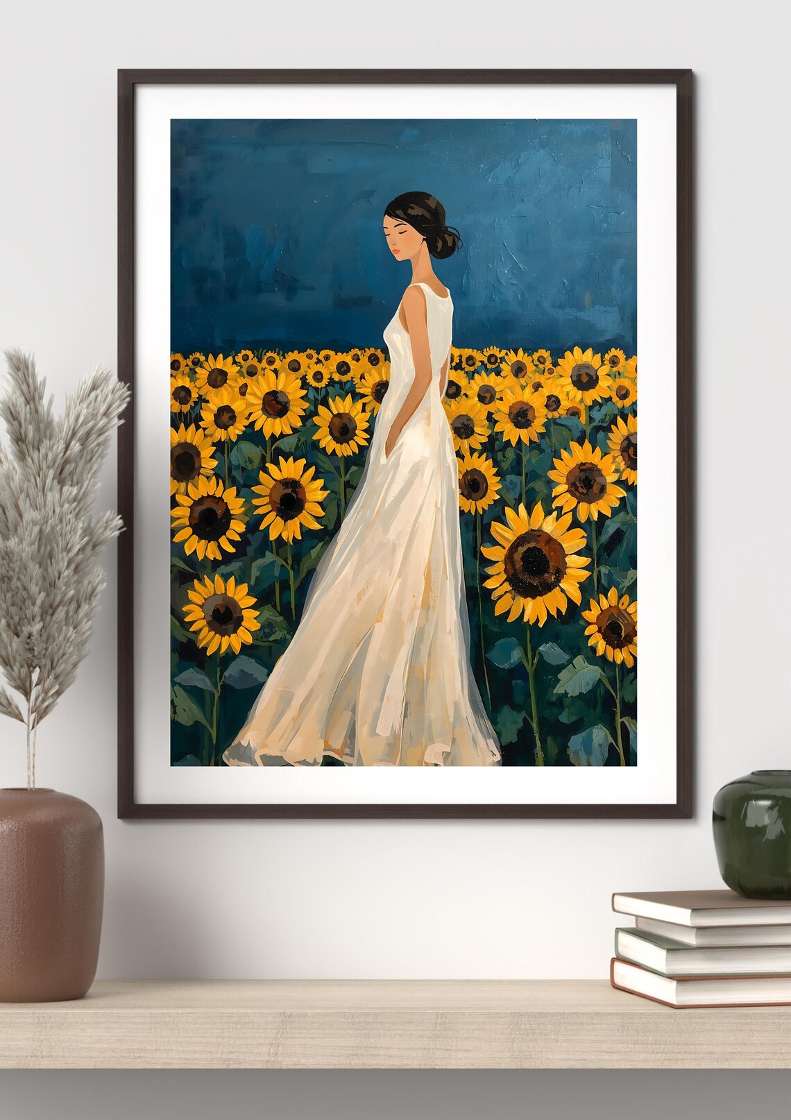 Elegant Woman In Sunflower Field, Boho Art Print